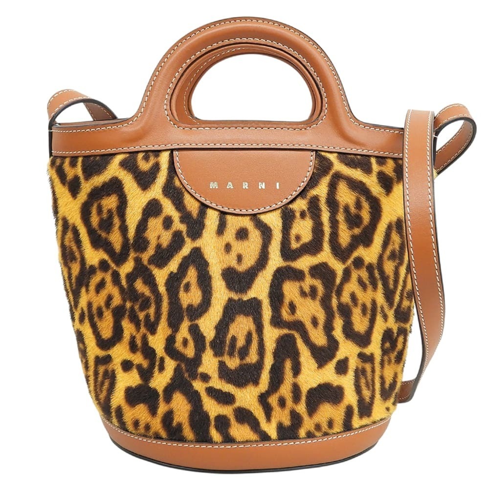 MARNI Leopard Print Small Bucket Bag with Drawstring Shoulder for Women, Brow...